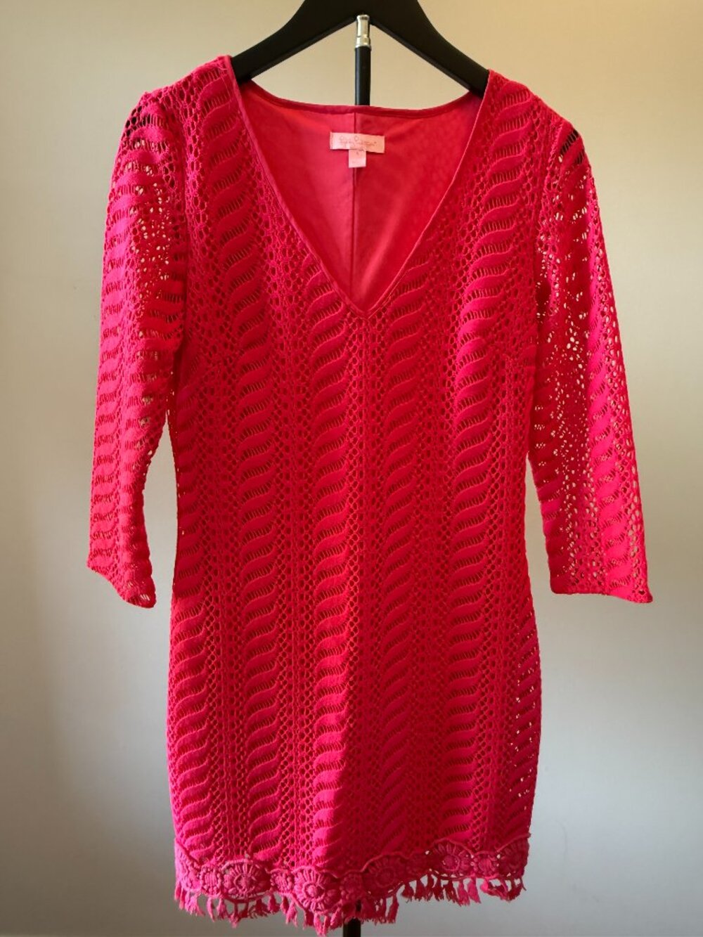 Lilly Pulitzer Seminole Knit Lace Tunic Dress Pink Small Fringe